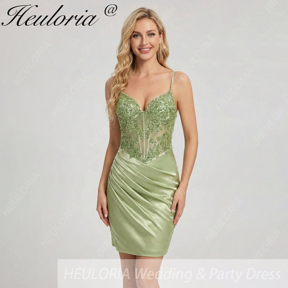 HEULORIA Sage Green Sequin Corset Mini Dress - Ruched Satin Spaghetti Strap Cocktail Dress ED-303 Imagen principal del producto
