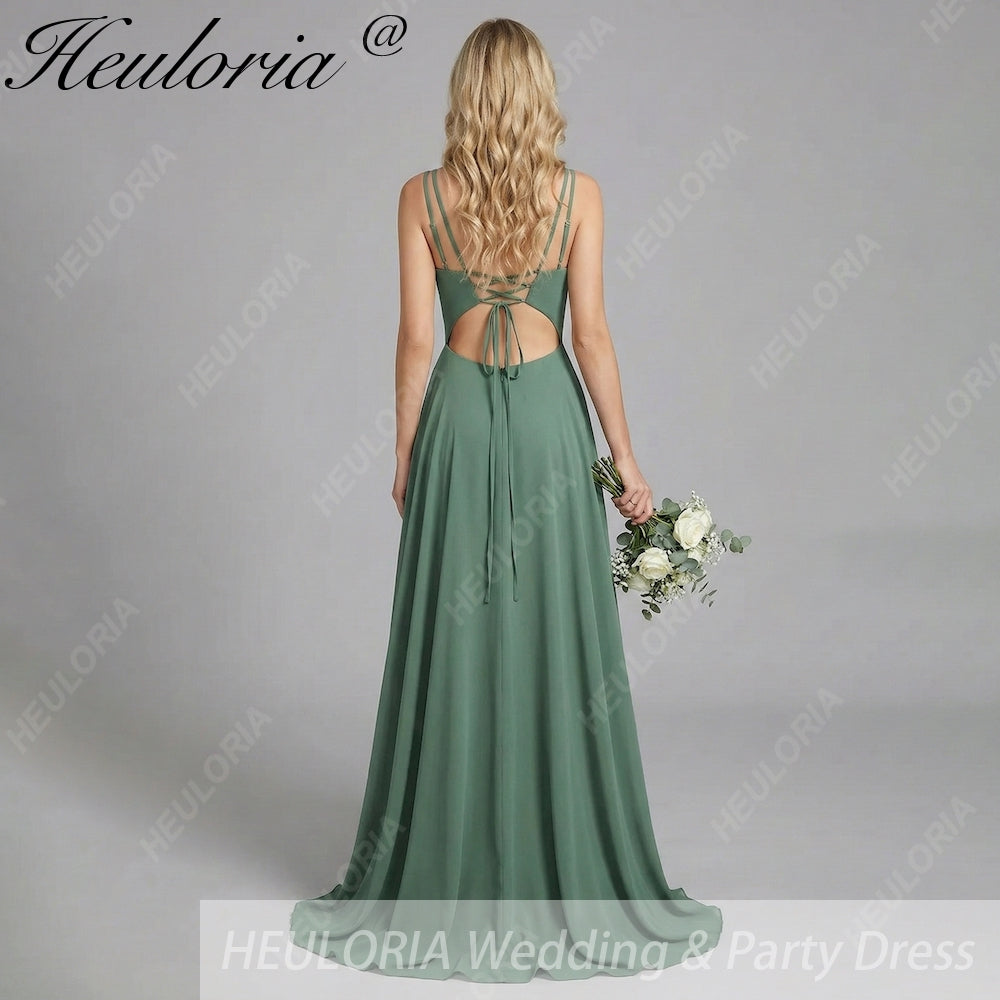 HEULORIA Eucalyptus A-Line Spaghetti Straps Pleated Chiffon Bridesmaid Dress With Slit ED-244