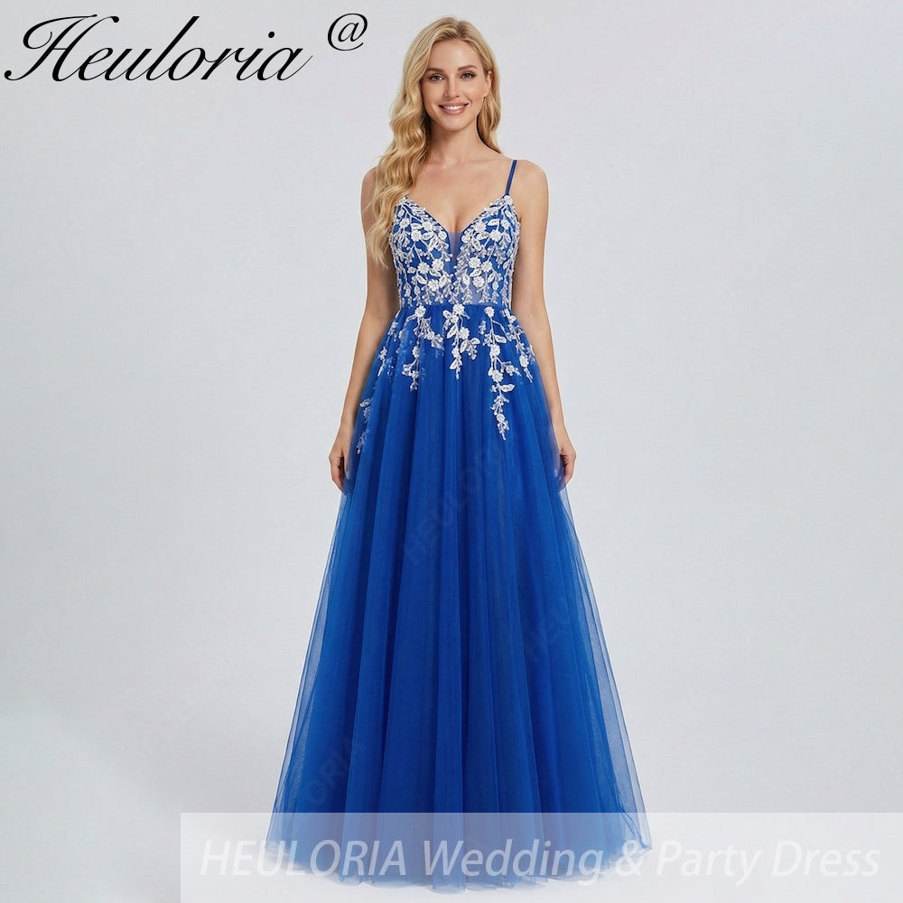 HEULORIA Enchanting 3D Floral Applique V-Neck Tulle A-Line Prom Dress - Corset Back Formal Gown ED-341 Image principale du produit