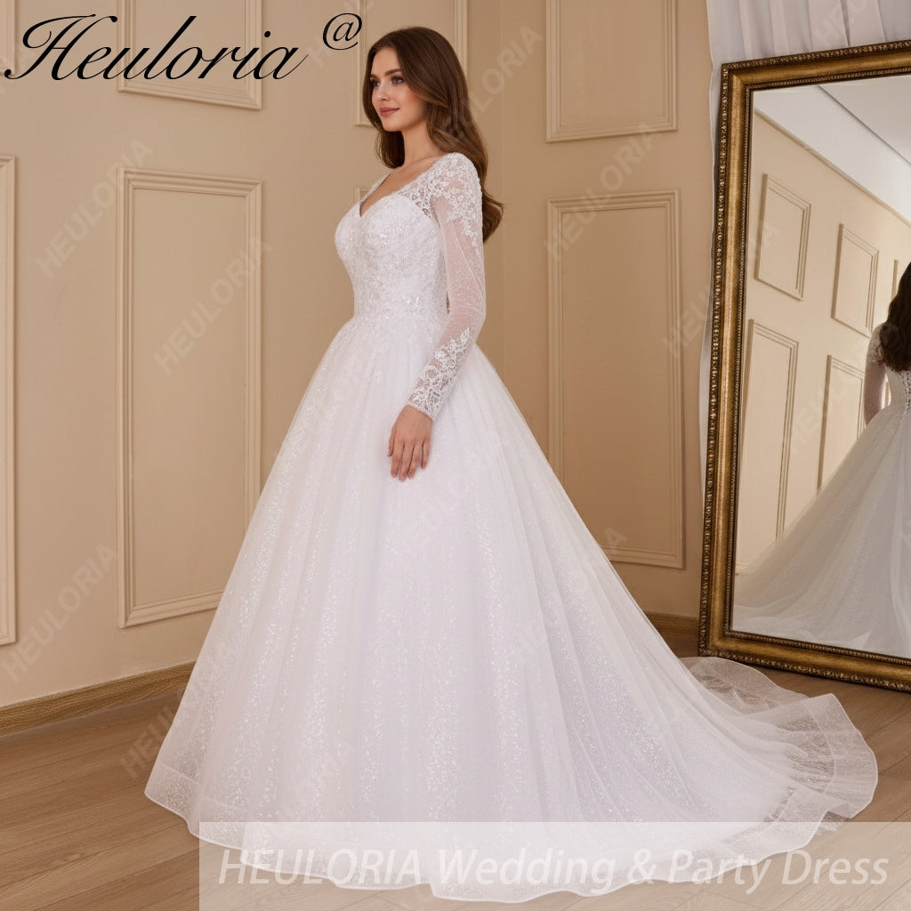 HEULORIA Ball-Gown/Princess long sleeve Chapel Train Lace Tulle Wedding Dress With Sequins Beading BA-654A Image secondaire du produit