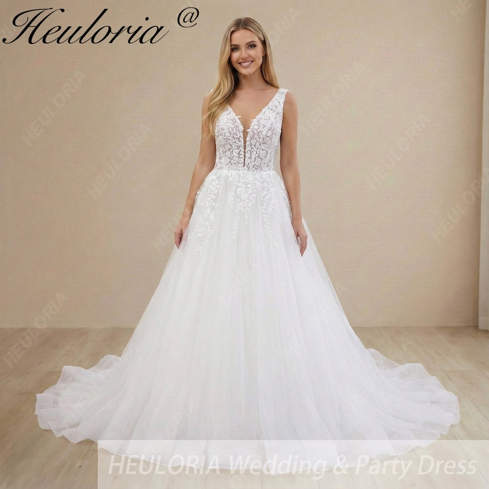 HEULORIA Romantic Deep V-Neck Floral Lace A-Line Wedding Dress with Illusion Sleeveless Bodice AL-1032