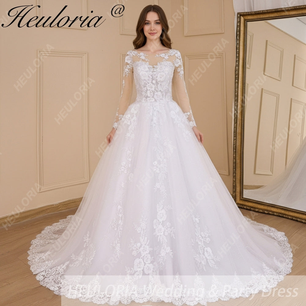 HEULORIA Princess Ball Gown Wedding Dress long sleeve bride dress o neck plus size robe de mariee Lace beading Wedding Bridal Gown BA-638 Immagine secondaria del prodotto