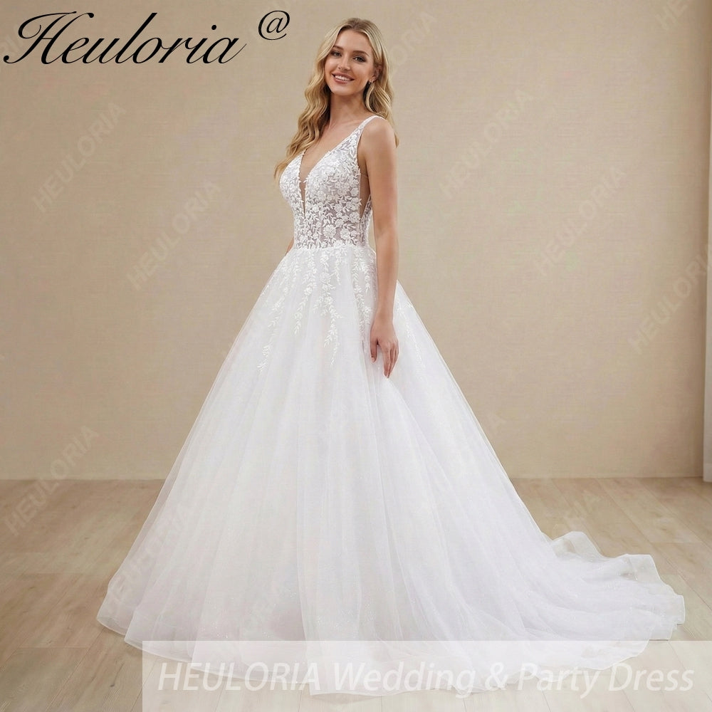 HEULORIA Illusion Deep V-Neck Floral Lace Ball Gown Wedding Dress with Glitter Tulle & Corset Back AL-1023