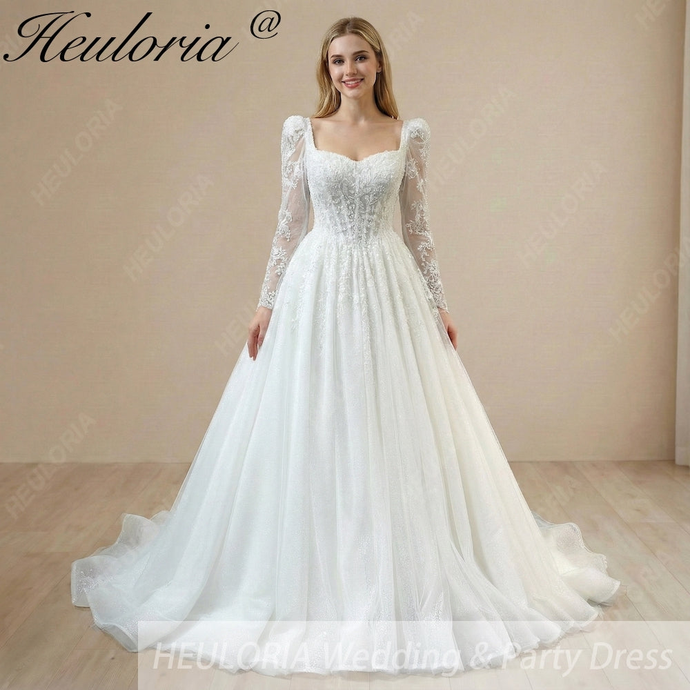 HEULORIA Romantic Long Puff Sleeve Corset Wedding Dress: Shimmering Glitter Tulle A-Line Bridal Gown BA-1211