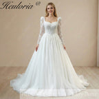 HEULORIA Romantic Long Puff Sleeve Corset Wedding Dress: Shimmering Glitter Tulle A-Line Bridal Gown BA-1211