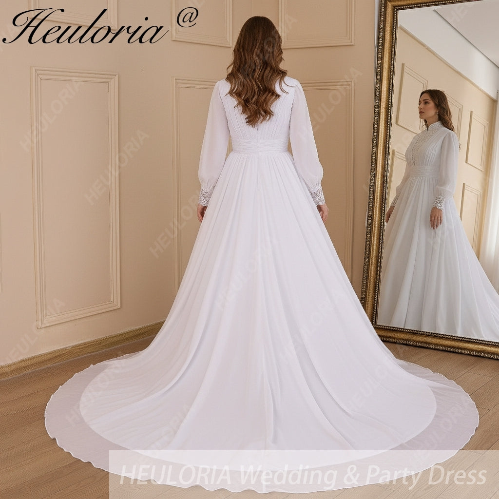 HEULORIA elegant lace beading Muslim ball gown Wedding Dress long sleeve high neck bride dress plus size bride Wedding Gown AL-615