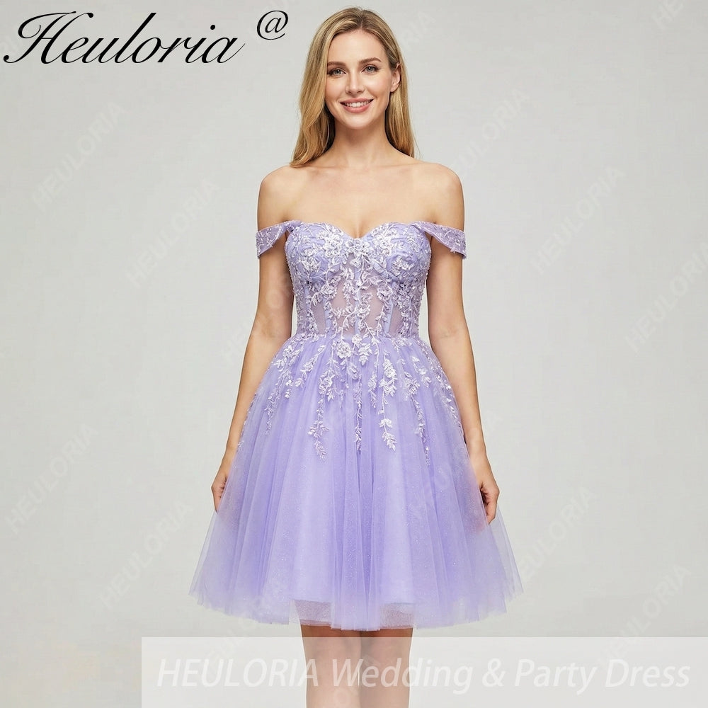 HEULORIA Lilac Off-the-Shoulder Floral Lace Short Homecoming Dress - Illusion Corset Prom Mini Dress ED-293 Image principale du produit