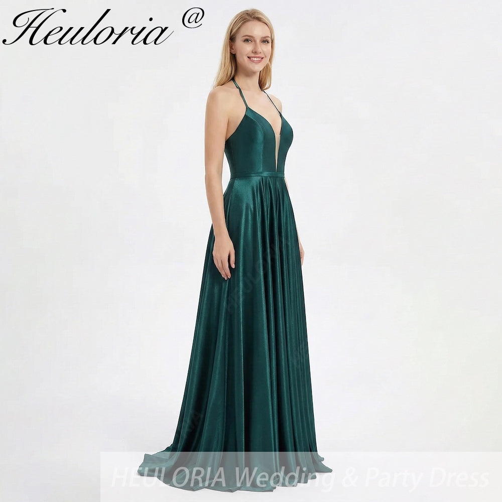 Dark Green Plunging V-Neck Satin Prom Dress