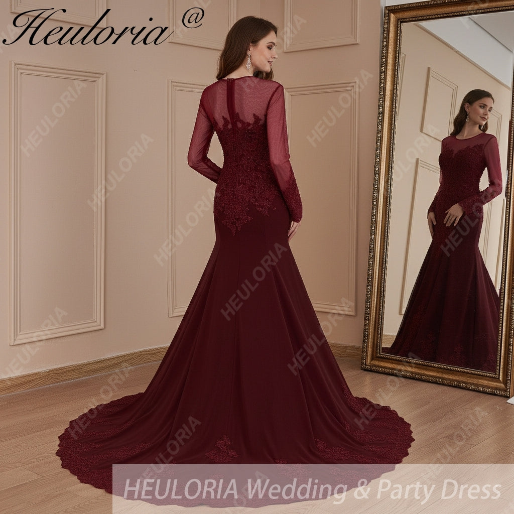 HEULORIA Mermaid Evening Dresses Long sleeve lace applique wedding dress formal prom dress