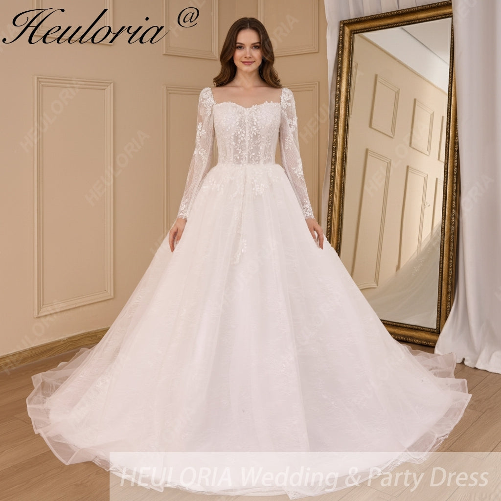 HEULORIA Elegant lace beading Wedding Dress long sleeve sweetheart long train Wedding Bridal dress