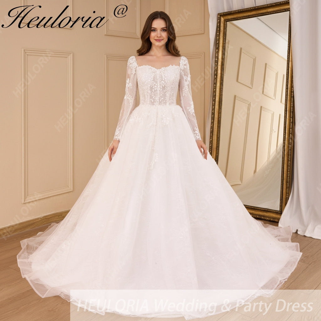 HEULORIA Elegant lace beading Wedding Dress long sleeve sweetheart long train Wedding Bridal dress