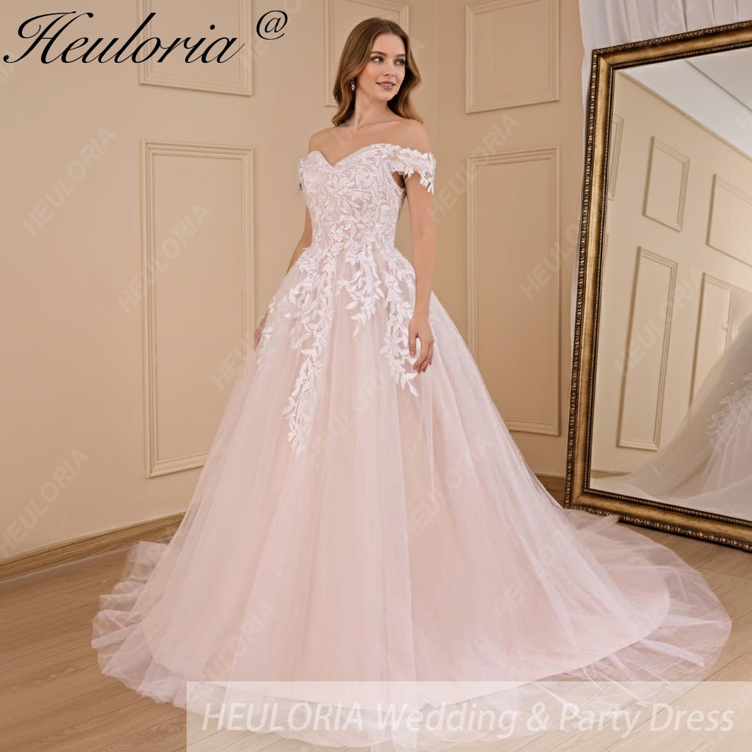 HEULORIA A-line Off the Shoulder Court Train Tulle Lace Wedding Dress AL-677 Main image