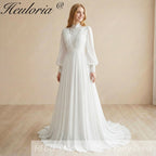 HEULORIA Vintage High Neck Lace Wedding Dress with Romantic Bishop Sleeves and Chiffon Train AL-354