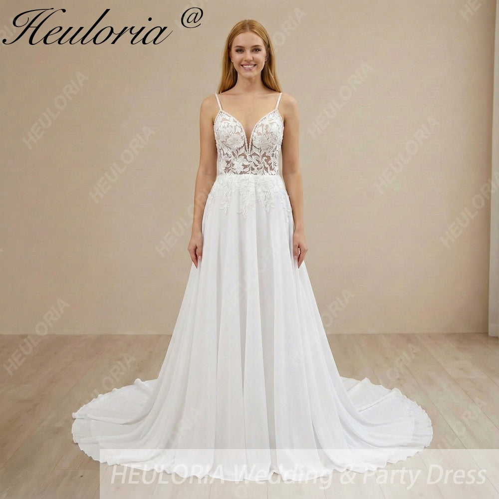 HEULORIA Ethereal V-Neck A-Line Lace Wedding Dress with Delicate Spaghetti Straps and Illusion Bodice #AL-997