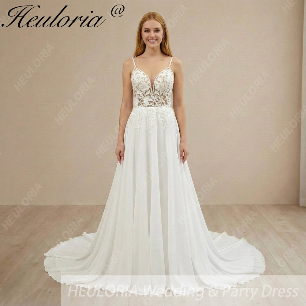 Deep V Lace Chiffon Spaghetti Strap A-Line Wedding Dress AL-997