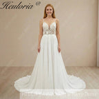 HEULORIA Ethereal V-Neck A-Line Lace Wedding Dress with Delicate Spaghetti Straps and Illusion Bodice #AL-997