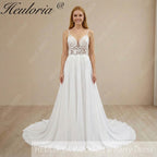 HEULORIA Ethereal V-Neck A-Line Lace Wedding Dress with Delicate Spaghetti Straps and Illusion Bodice #AL-997