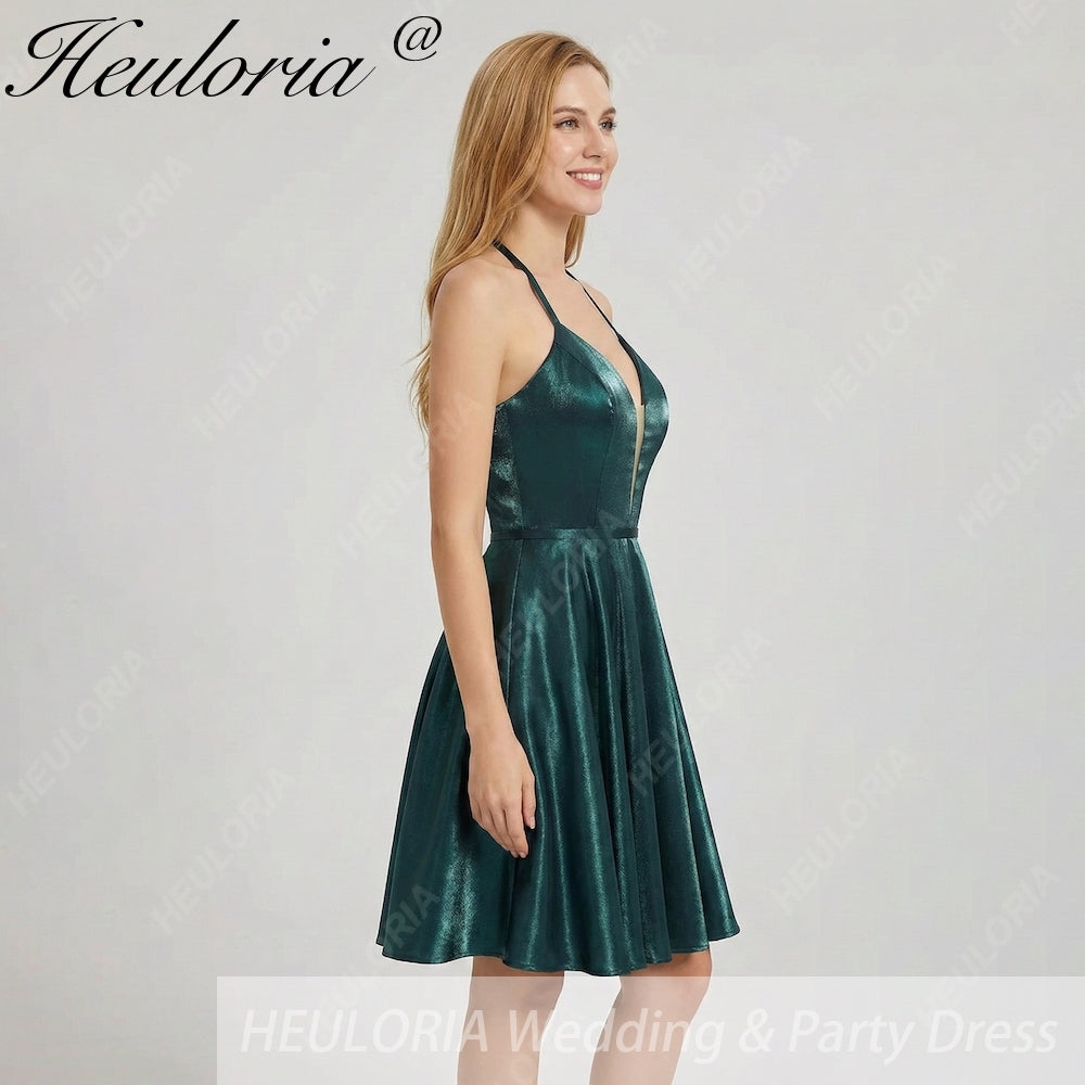 HEULORIA Peacock Green Shimmering Deep V-Neck Mini Dress: Illusion Mesh & Lace-Up Back A-Line Prom Gown ED-327