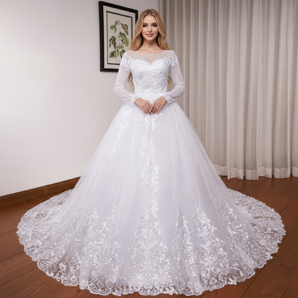 HEULORIA Princess Ball Gown Wedding Dress long sleeve bride dress O neck plus size robe de mariee Lace beading Bridal Gown BA-551