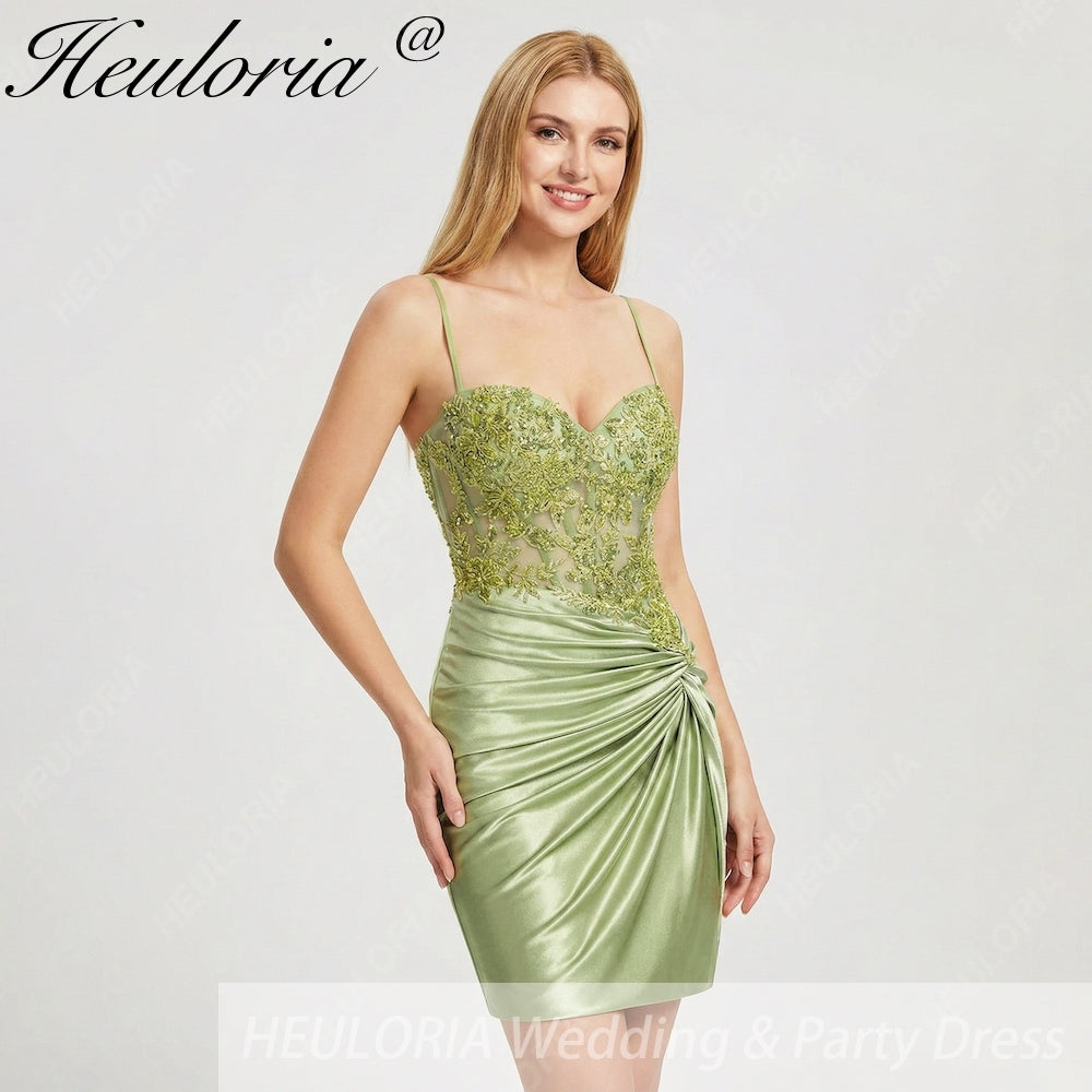 HEULORIA Sparkling Army Green Lace Corset Mini Dress - Ruched Satin Spaghetti Strap Cocktail Party Gown ED-322