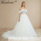 HEULORIA Ethereal Leaf Lace Off-the-Shoulder Wedding Dress with Draped Tulle Sleeves and Corset Bodice AL-1061