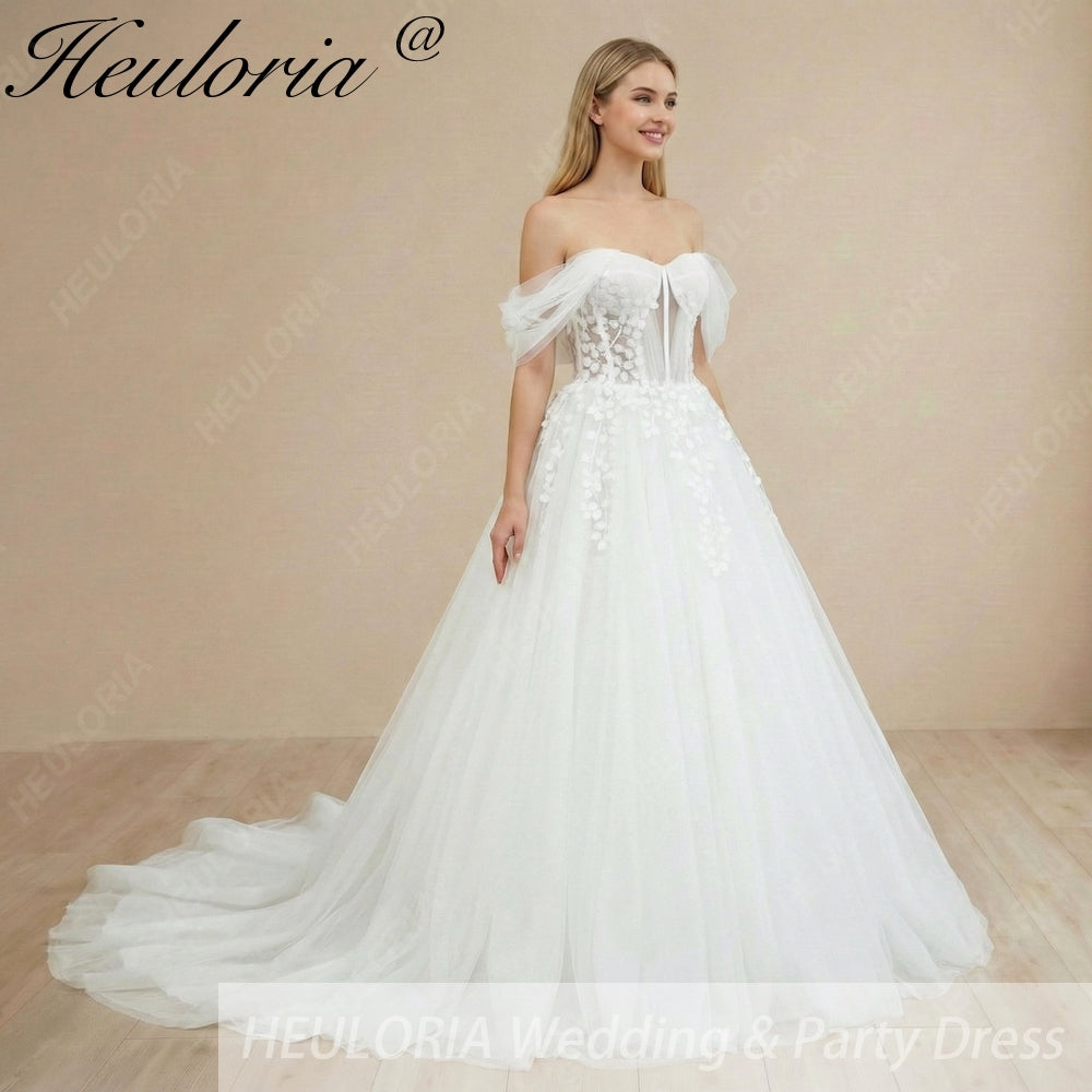 HEULORIA Ethereal Leaf Lace Off-the-Shoulder Wedding Dress with Draped Tulle Sleeves and Corset Bodice AL-1061
