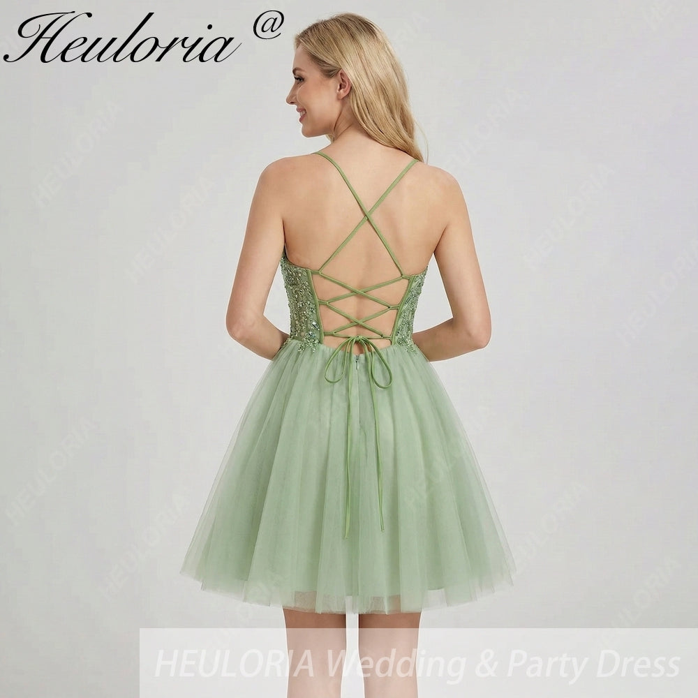 Short Sage Green Homecoming Dress | Sparkly Tulle Cocktail Gown heuloria Short Sage Green Homecoming Dress | Sparkly Tulle Cocktail Gown heuloria
