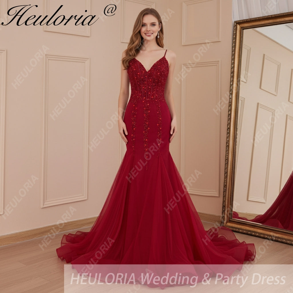 HEULORIA Sweetheart Lace Beading Mermaid Evening Dresses Long Formal Prom Dresses