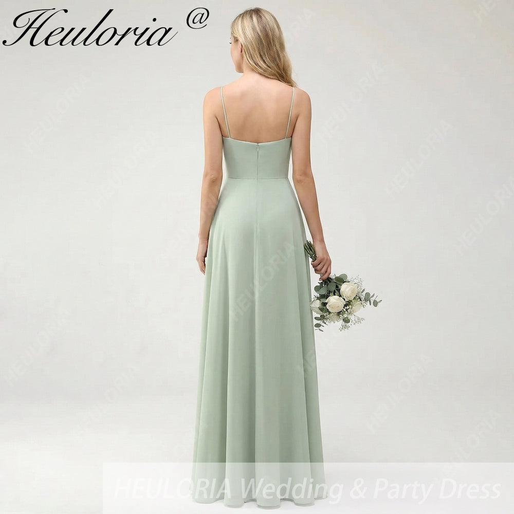 HEULORIA Dusty Sage Chiffon A-Line Bridesmaid Dress with Ruched Sweetheart Neckline and Spaghetti Straps ED-268