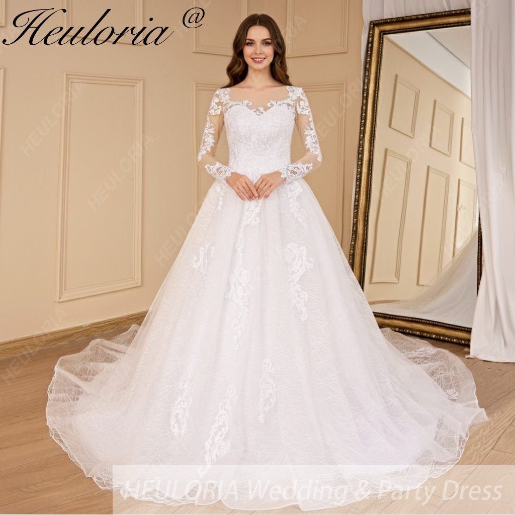 HEULORIA A-line long sleeve Court Train Lace Wedding Dress With Sequins AL-692
