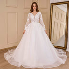 HEULORIA elegant A line wedding dress V neck long sleeve organza bride dress Robe De Mariee Wedding Bride Dress long train AL-656