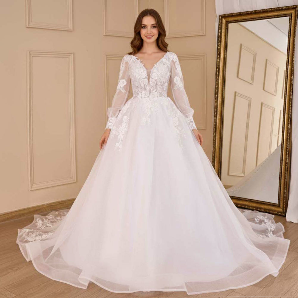 HEULORIA elegant A line wedding dress V neck long sleeve organza bride dress Robe De Mariee Wedding Bride Dress long train AL-656