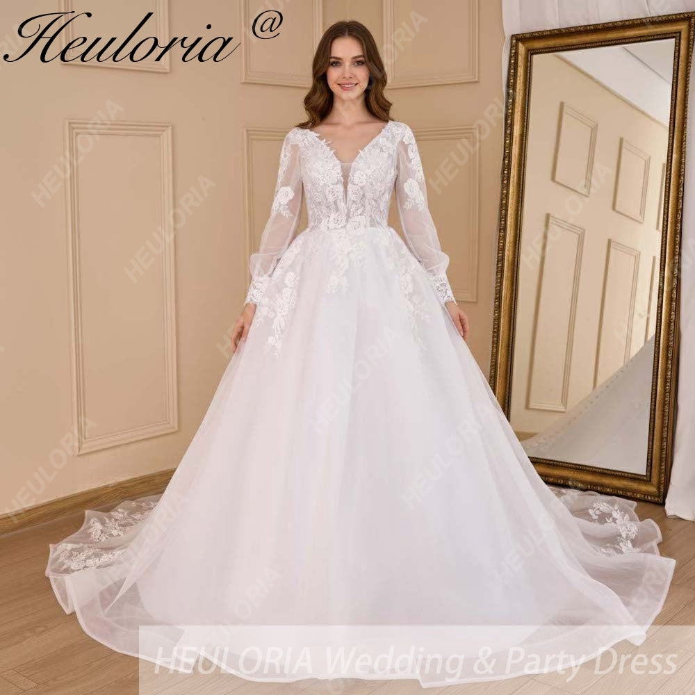 HEULORIA elegant A line wedding dress V neck long sleeve organza bride dress Robe De Mariee Wedding Bride Dress long train AL-656