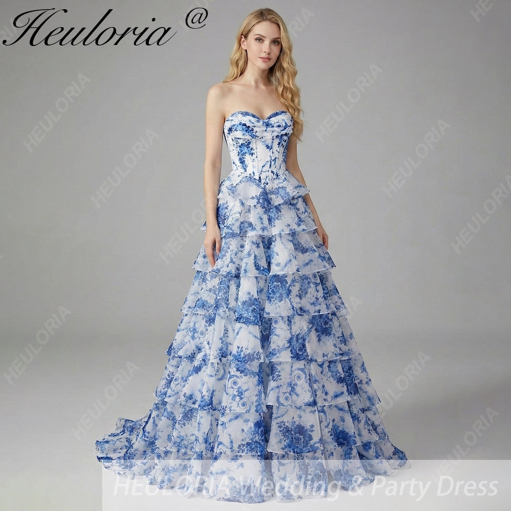 HEULORIA Vintage-Inspired Strapless Floral Gown: Sweetheart Corset Bodice Tiered Ruffle Evening Dress ED-233