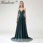 HEULORIA Dark Green Plunging V-Neck Satin Evening Gown with Lace-Up Corset Back ED-334