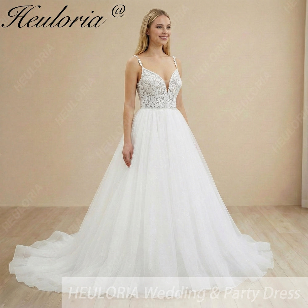 HEULORIA  elegant A line wedding dress Spaghetti Strap lace applique bridal dress Robe De Mariee Wedding Bride Dress AL-1098