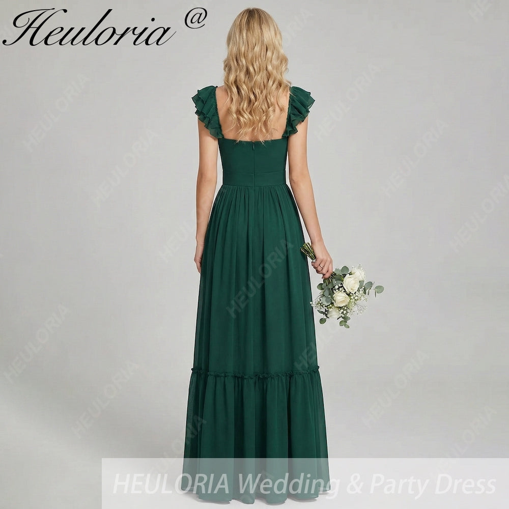 HEULORIA Dark Green A Line Off The Shoulder Chiffon Ruched Long Bridesmaid Dress ED-245