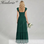 HEULORIA Dark Green A Line Off The Shoulder Chiffon Ruched Long Bridesmaid Dress ED-245