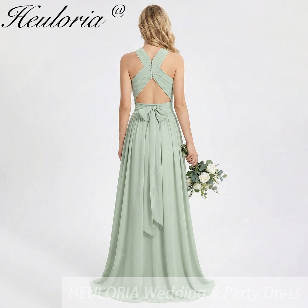 HEULORIA Dusty Sage Chiffon Criss-Cross Halter Bridesmaid Dress with Front Slit and Bow Back ED-256 Image secondaire du produit
