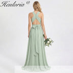 HEULORIA Dusty Sage Chiffon Criss-Cross Halter Bridesmaid Dress with Front Slit and Bow Back ED-256