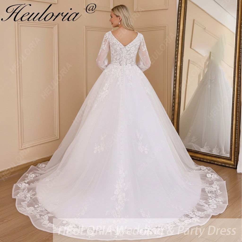 HEULORIA elegant A line wedding dress V neck long sleeve organza bride dress Robe De Mariee Wedding Bride Dress long train AL-656