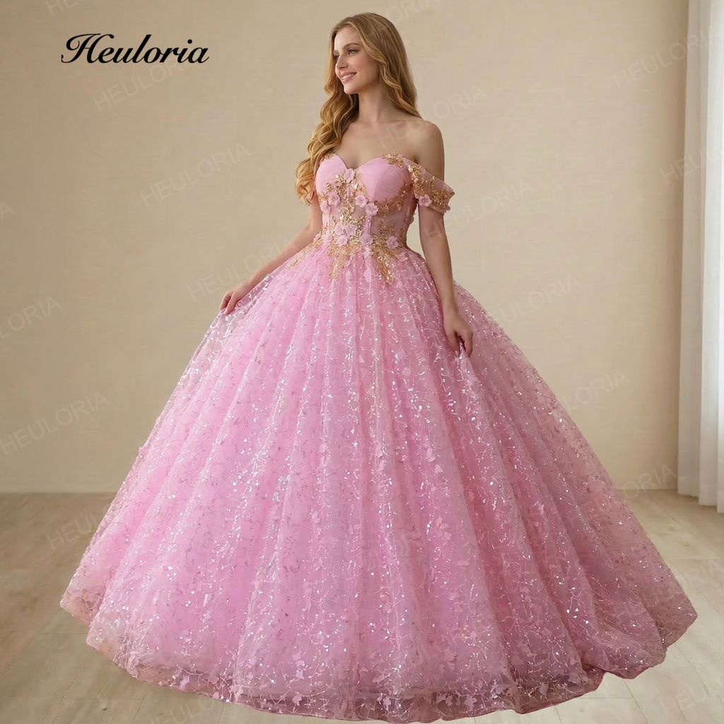 HEULORIA Enchanting Pink 3D Butterfly & Gold Lace Quinceañera Ball Gown - Illusion Corset Prom Dress BA-413