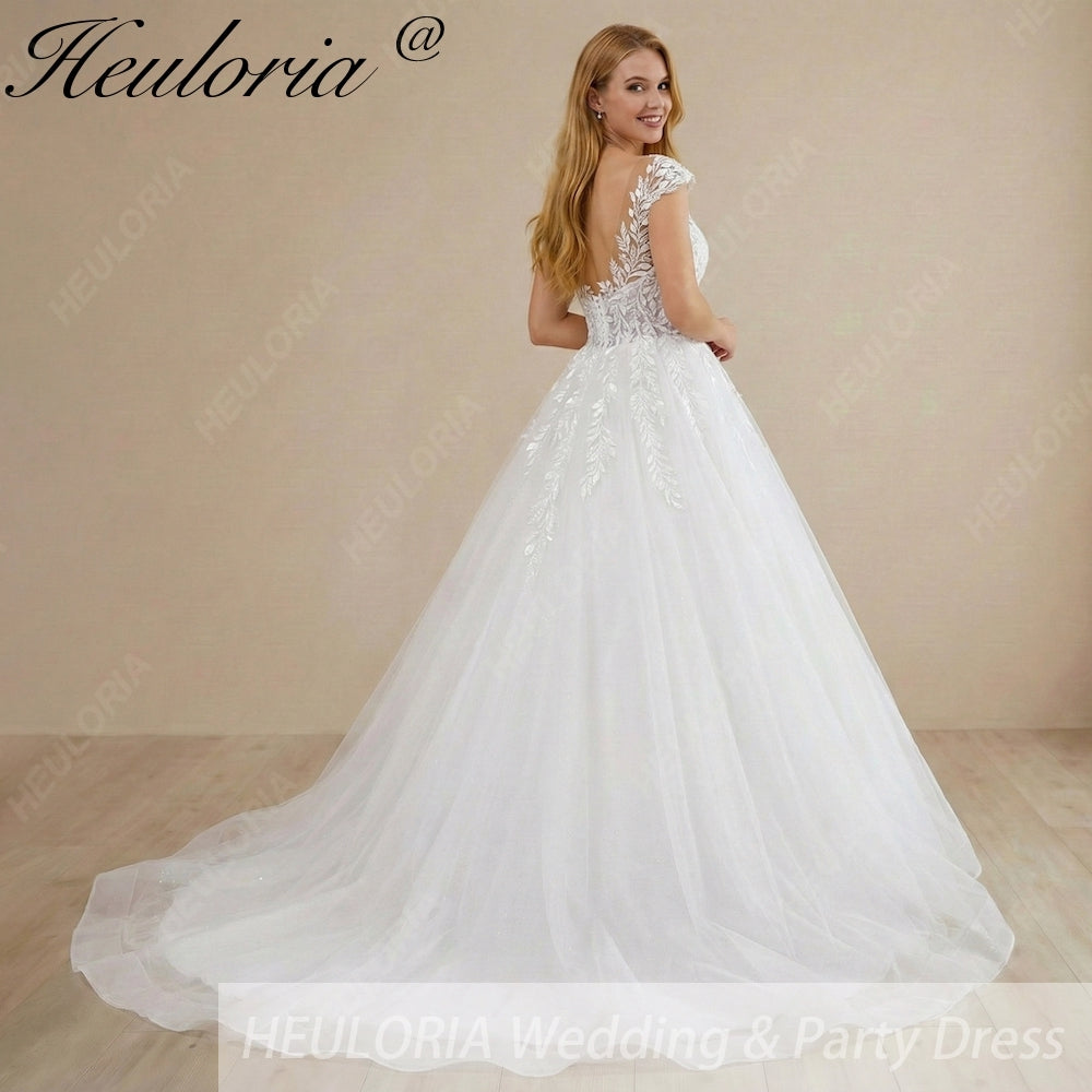 HEULORIA Ethereal Leaf Lace A-Line Wedding Dress with Illusion Neckline and Delicate Cap Sleeves AL-1029 Secondary image