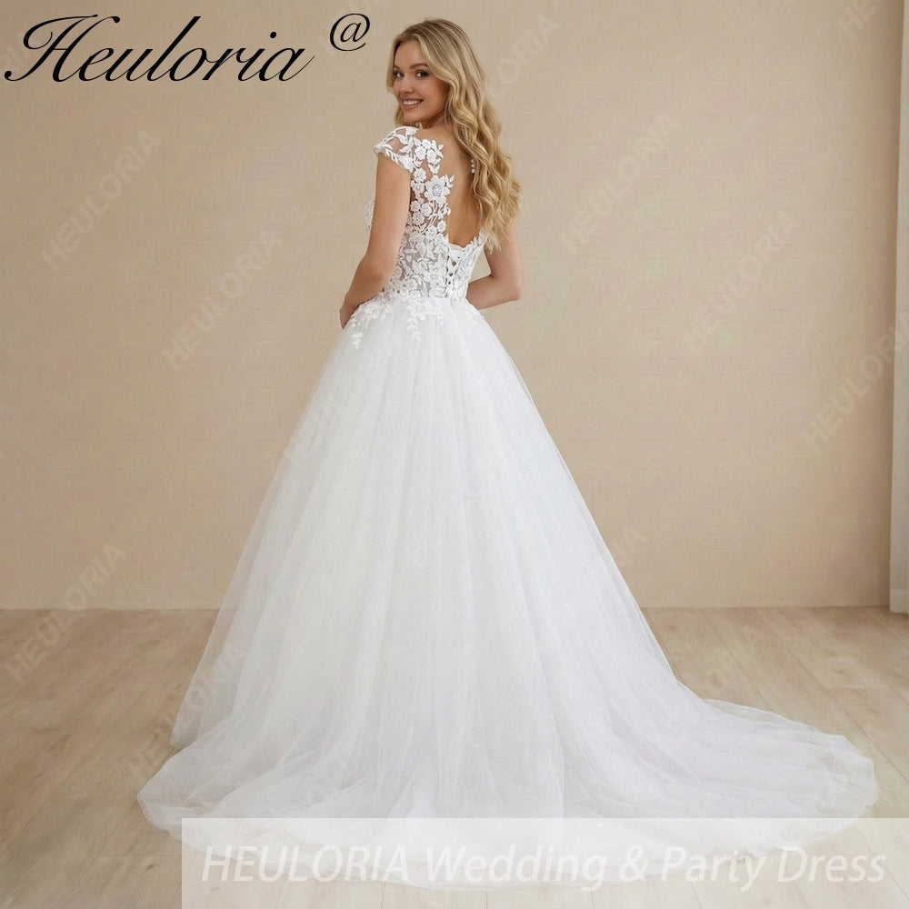 HEULORIA 3D Floral Lace A-Line Wedding Dress with Illusion V-Neck & Romantic Cap Sleeves AL-1042