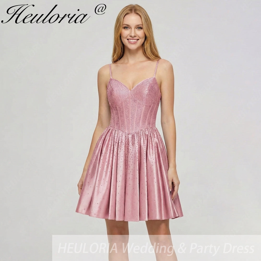 HEULORIA Sparkly Rhinestone Corset Satin Homecoming Dress - Sweetheart Neckline Spaghetti Strap Short Prom Gown ED-310