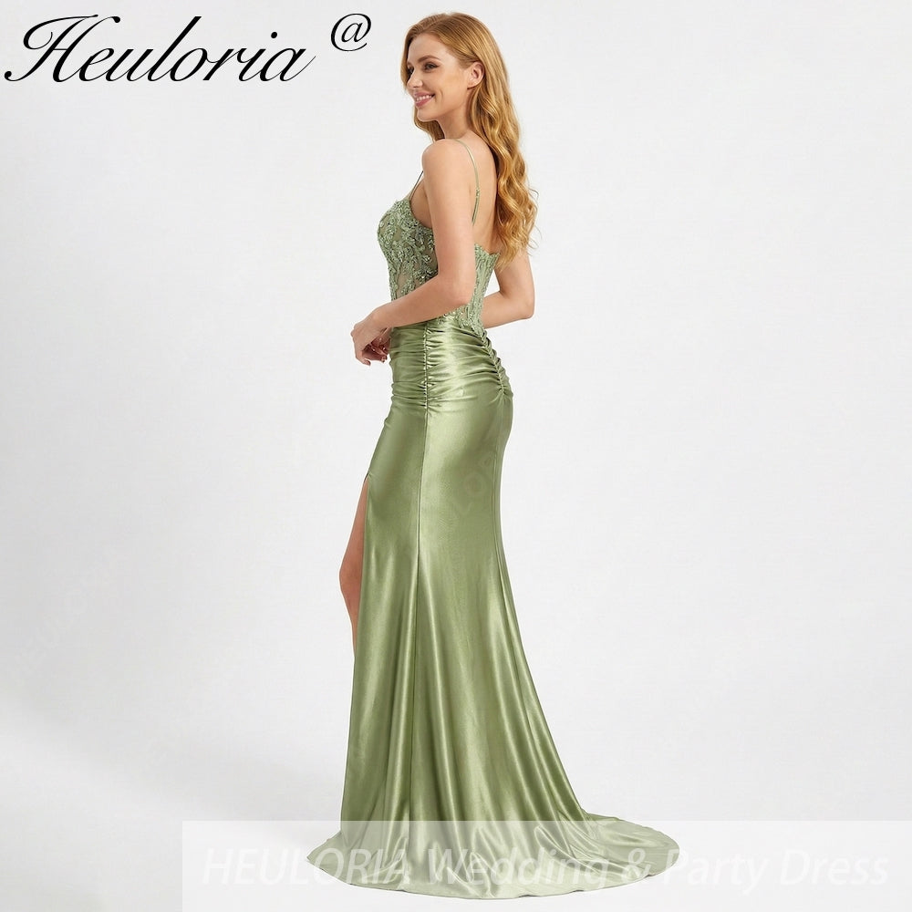 Sage Green Beaded Corset Prom Dress | Satin High Slit Gown Dusty Sage-Zipper Back / 20W Sage Green Beaded Corset Prom Dress | Satin High Slit Gown Dusty Sage-Zipper Back / 20W