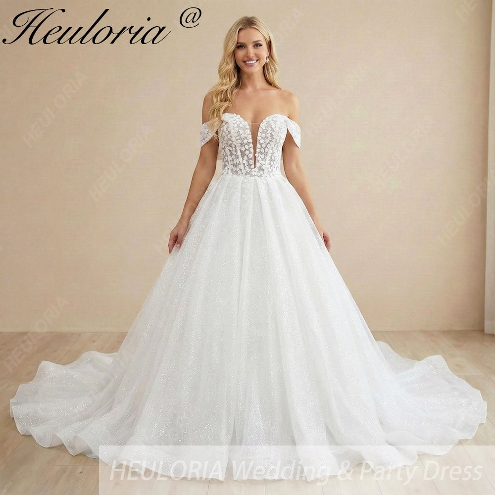HEULORIA Ethereal Sparkle Tulle Ball Gown with Plunging Leafy Lace & Off-the-Shoulder Sleeves BA-1101