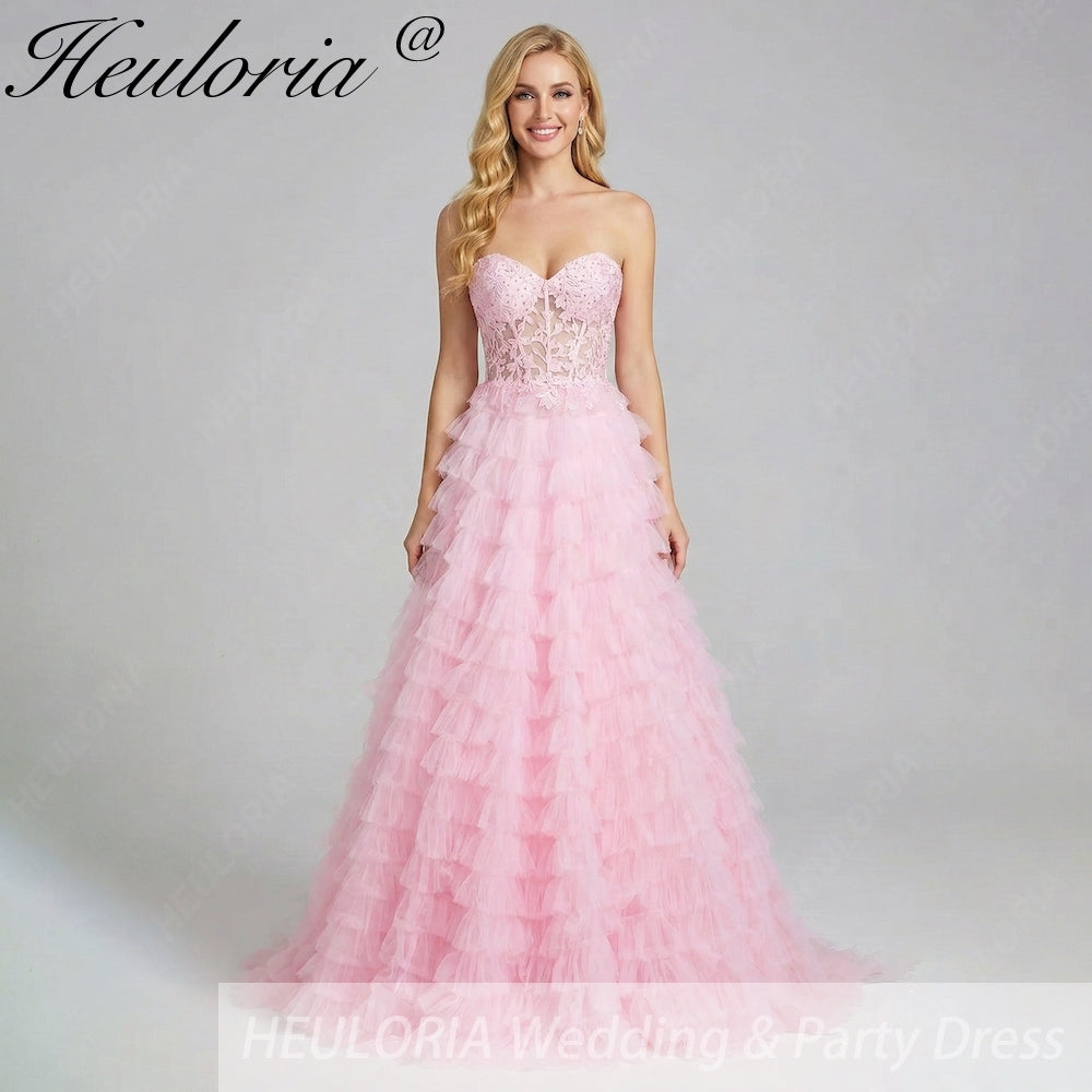 HEULORIA Enchanting Pink Tiered Ruffle Prom Dress - Sweetheart Strapless Lace-Up Ball Gown ED-355