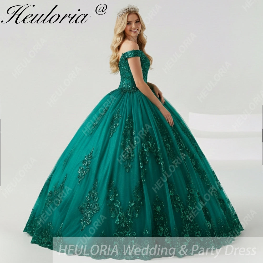 HEULORIA Green Sequin Embroidery Off The Shoulder Quinceanera BA-1258