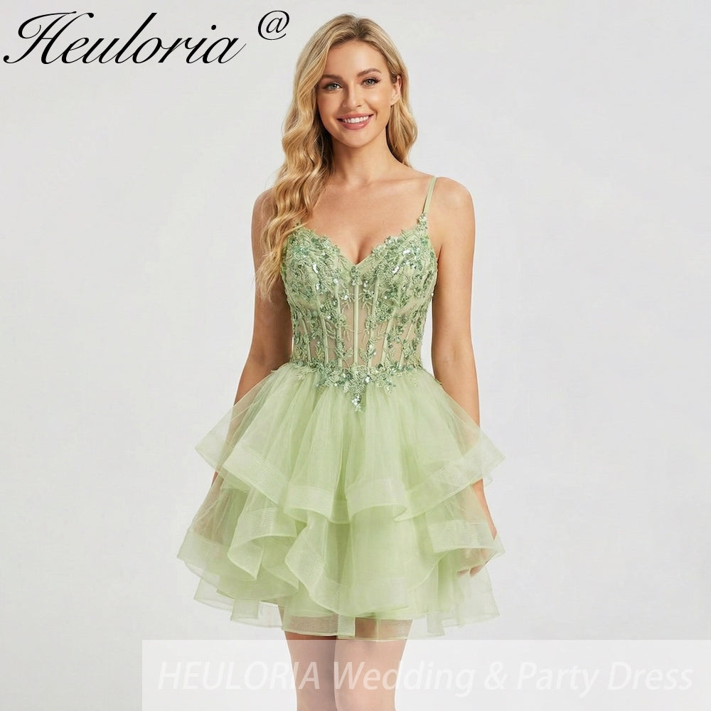 HEULORIA Sage Green Sequin Floral Corset Short Homecoming Dress - Tiered Tulle Party Gown ED-320